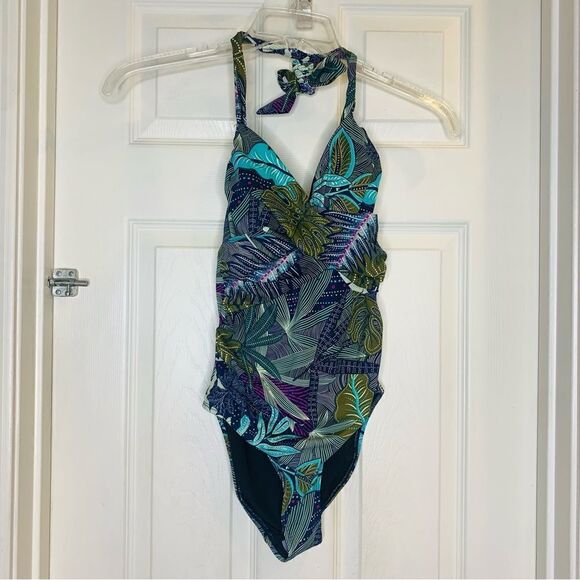 Coastal Blue Tropical Print One Piece Swimsuit Size XS - Picture 1 of 11